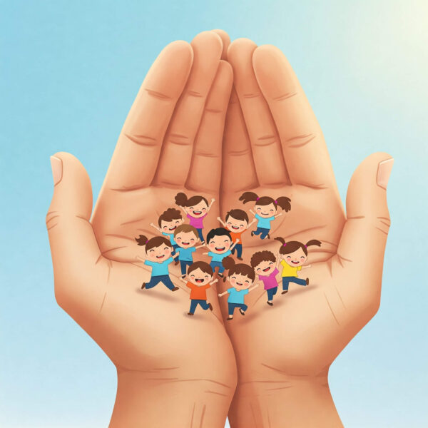 Open hands holding little people